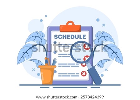 Rejected schedule concept. Schedule board with cross, reject or cancel symbol. Deadline, time management concept. Vector icon in minimalist cartoon style. Flat vector illustration on background.