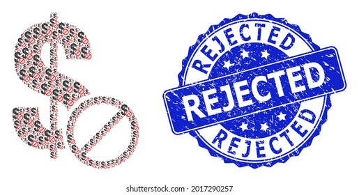 Rejected scratched round stamp seal and vector recursion collage forbidden dollar. Blue stamp seal has Rejected text inside round shape.