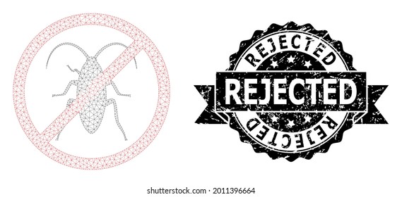 Rejected scratched watermark and vector forbidden cockroach mesh model. Black seal contains Rejected title inside ribbon and rosette. Abstract flat mesh forbidden cockroach, built from flat mesh.