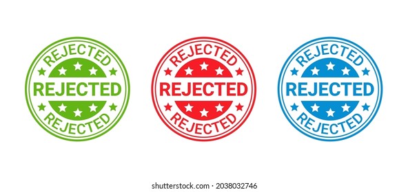 Rejected stamp. Denied permit badge, label. Round sticker reject. Red seal imprint. Negative decision mark. Circle shape emblem isolated on white background. Vector illustration.