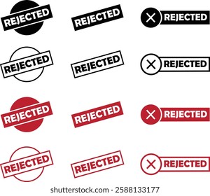 Rejected stamp signs icons set. Seal badge dusty grunge effect unapproved fail denied declined warning information tag vignette vectors in flat and line styles isolated on transparent background.
