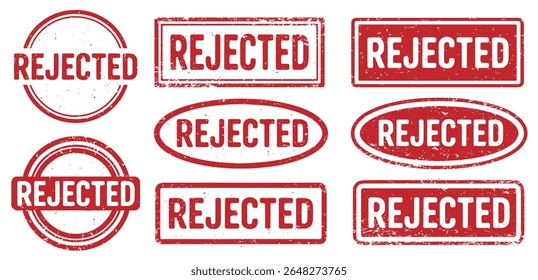 Abgelehnter Stempelvektorsatz. Abgelehnte Rubber Stamp Design-Kollektion. Abgelehntes Grunge-Briefmarkenpaket. Siegel abgelehnt. Vektorgrafik. Ein weißer Hintergrund einzeln.