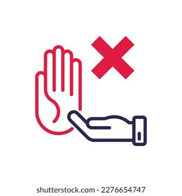 Rejected thin line icon: hand holding cross mark, stop sign. Declined, cancelled. Modern vector illustration.