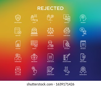 Rejected thin line icons set: sync, idea, agreement, calendar date, employee, audit, document not certified, profile, order cancelled, misunderstanding. Modern vector illustration.