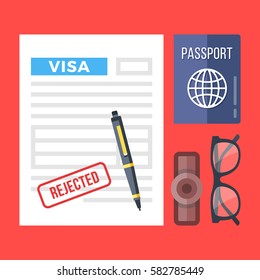 Rejected visa application, passport, stamp, pen and glasses set. Flat design graphic elements, flat icons set for web banners, websites, infographics, printed materials. Top view. Vector illustration