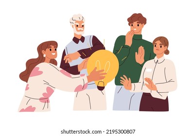 Rejecting, declining creative business idea concept. Failure in presenting bad solution at work. Office workers dislike light bulb. Flat graphic vector illustration isolated on white