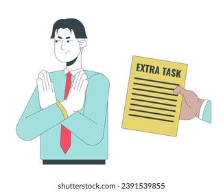 Rejecting extra task 2D linear illustration concept. Asian gen z employee refuses assignment from boss cartoon characters isolated on white. No enthusiasm metaphor abstract flat vector outline graphic