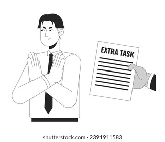 Rejecting extra task black and white 2D illustration concept. Gen z employee refuses assignment from boss cartoon outline characters isolated on white. No enthusiasm metaphor monochrome vector art