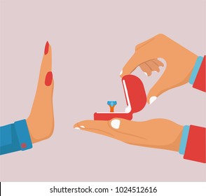 Rejecting a marriage proposal. Man is holding an open box with a wedding ring and diamond. Woman gesture rejects the proposal. Vector illustration flat design.