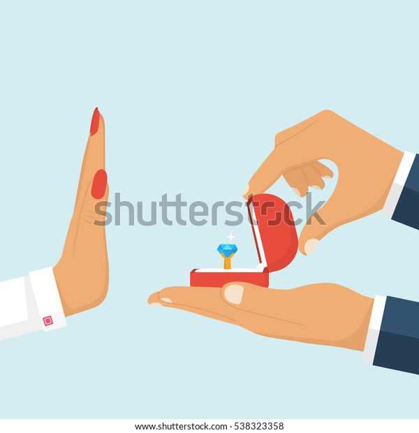 結婚の申し込みを断る 男性は 結婚指輪とダイヤモンドを持つ開いた箱を手に持っている 女性の身振りはその提案を拒否する ベクターイラストフラットデザイン 白い背景に のベクター画像素材 ロイヤリティフリー