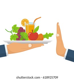 Rejecting The Offered Healthy Food. Refuse Raw Food. Gesture Hand 