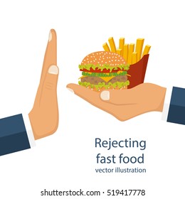 Rejecting the offered junk food. Gesture hand "NO" rejecting fast food. Offer fries and a hamburger in hand. Stop fat, calorie, unhealthy snack. Vector illustration flat design. Isolated on background