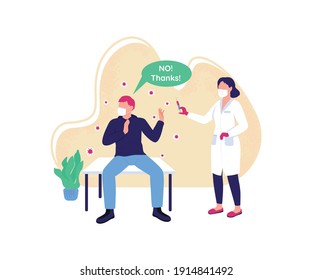 Rechazo de la ilustración vectorial de concepto plano de la vacuna. Rechazar la inyección de drogas. Atención de la salud, tratamiento farmacéutico. Personajes de dibujos animados terapistas y pacientes 2D para diseño web. Idea creativa anti-vacuna