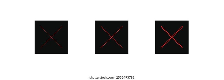 Conjunto de Botones de rechazo y atención. Exclamación incorrecta y marcas de precaución. Cruz, signo de exclamación Ilustración vectorial de representación tridimensional. Icono de marca cruzada. Marca de la cruz negra roja.