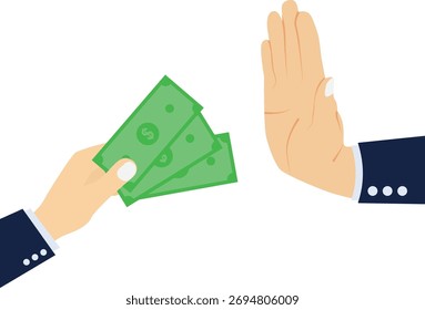 Rejection of a bribe. One hand offers a bag of money, while the other hand gestures a refusal.
