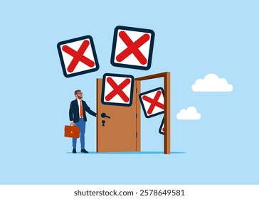 Rejection business investment. Businessman opening a door to negative work motivation. Burnout from tiring work. Modern vector illustration in flat style.