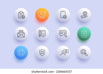 Botones de rechazo con icono de juego cruzado. Portapapeles, documento, computadora, teléfono, mano, carta, lápiz, comunicación, teléfono fijo, escudo, lupa. Concepto de negocio. Neomorfismo. Icono de línea del vector.