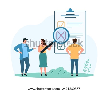 Rejection of document and file, survey and test results analysis. Tiny people holding magnifying glass to check list with cross on clipboard, control quality of form cartoon vector illustration