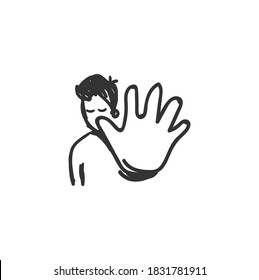 Rejection feeling icon. Man shows a rejection gesture. Outline sketch drawing. Human emotions and feelings concept. Disagree, stop, refusing expression. Isolated vector illustration