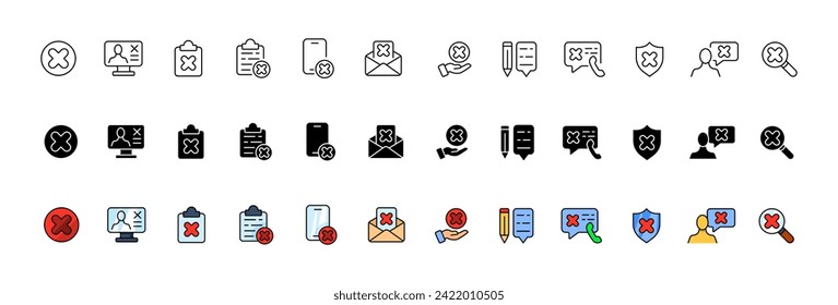 Colección de iconos de rechazo. Lineal, silueta y estilo plano. Iconos del vector