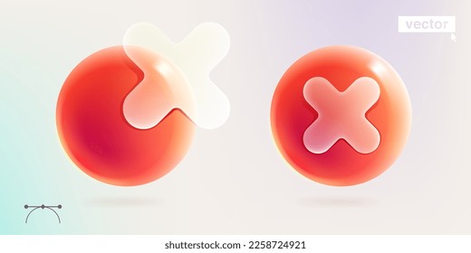 Rejection icon in glassmorphism style. 3D cross, no, error, blocked, disapprove, cancel, prohibition, wrong choice, negative, deny etc. transparent glass sign on red sphere. Vector UI element for app.