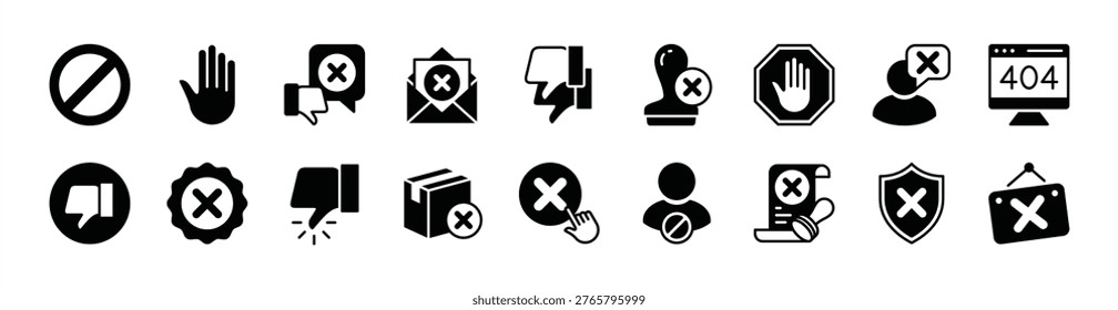 Rejection icon vector set. Contains forbidden, stop, thumbs down, dislike, return, button, stamp, declined partnership, message, 404, close signboard, block, disapproval, spam - illustration