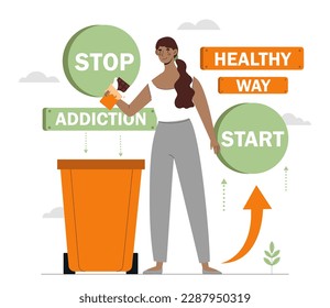 Rejection junk food concept. Woman with chocolate bar in hand stands near trashcan. Health care and diet and proper nutrition, avoiding sugar. Cartoon flat vector illustration