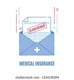 Rejection letter from the insurance company.Medical form with claim denied stamp. Failed payment reimbursement. Declined treatment coverage. Finance and medical concept. Vector flat illustration.