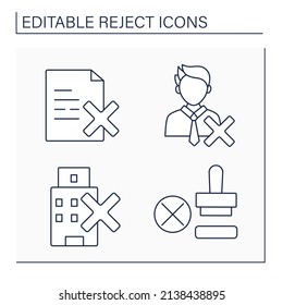 Rejection Line Icons Set. Refuse To Accept Documents. Rejected Candidate, Seal, Hotel. Unacceptance. Cancellation Concept.Isolated Vector Illustrations. Editable Stroke