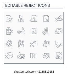 Rejection line icons set. Refuse to accept, use things, laws. Unacceptance. Cancellation concept.Isolated vector illustrations. Editable stroke