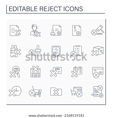 Rejection line icons set. Refuse to accept, use things, laws. Unacceptance. Cancellation concept.Isolated vector illustrations. Editable stroke