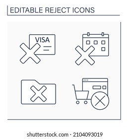 Rejection line icons set. Reject visa, folder, calendar and order. Unacceptance. Cancellation concept.Isolated vector illustrations. Editable stroke