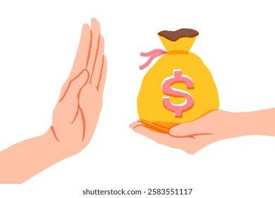 Rejection money, concept. Businessman holding bag of money in hand offering bribe. Hand gesture rejecting the proposal. Violation of the law, corruption. Refuse cash. Vector illustration flat design.