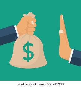 Rejection money, concept. Businessman holding bag of money in hand offering bribe. Hand gesture rejecting the proposal. Violation of the law, corruption. Refuse cash. Vector illustration flat design.