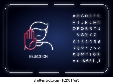 Rejection neon light icon. Outer glowing effect. Forbiddance, displeasure and disapproval sign with alphabet, numbers and symbols. Person showing stop gesture vector isolated RGB color illustration