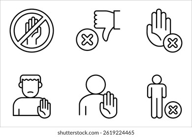 Rejection pixel perfect linear icon set. Negative response, Person showing stop gesture vector illustration on white background
