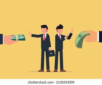 Rejection Or Refusal Concept.two Businessmen Refusing Hand Refusing The Offered Bribe For Company Corruption.