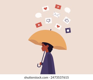 Rejection of social media. African female character escaping from mass media. Maintaining mental health.Digital detox. Vector illustration cartoon flat style