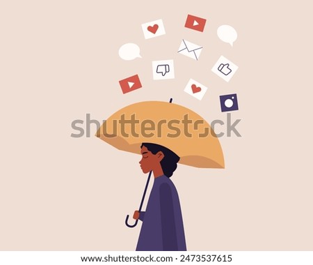 Rejection of social media. African female character escaping from mass media. Maintaining mental health.Digital detox. Vector illustration cartoon flat style