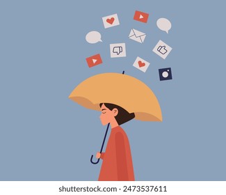 Rejection of social media. Female character escaping from mass media. Maintaining mental health.Digital detox. Vector illustration cartoon flat style