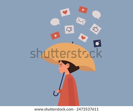 Rejection of social media. Female character escaping from mass media. Maintaining mental health.Digital detox. Vector illustration cartoon flat style