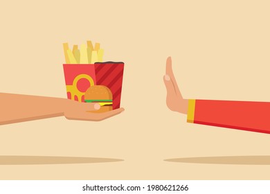 Rejection vector concept: Hand of young people rejecting junk food with no gesture 