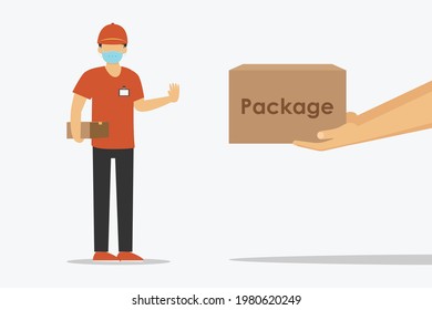 Rejection vector concept: Young man rejecting package from someone while wearing face mask in new normal