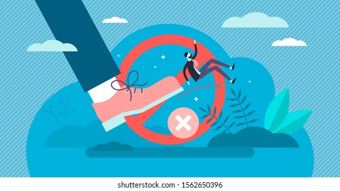 Rejection vector illustration. Flat tiny kick out of job persons concept. Bad work or wrong choice consequences. Business boss decision after labor failure, validation error and fail. Denied recruit.