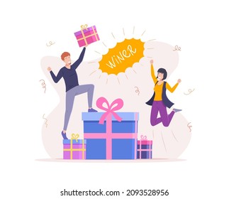 Rejoice couple holding prize won celebrating financial success. Happy man and woman winner of gift or lottery jumping and having fun gain surrounded by falling confetti vector flat