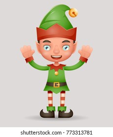 Rejoice Waving Hands Exult Christmas Cute Boy Merry Joyful Elf Santa Claus Helper Teen New Year Holiday 3d Cartoon