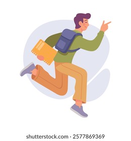 Rejoiced Man Student Character with Backpack Jump with Joy Vector Illustration