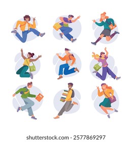 Rejoiced Man and Woman Student Character Jump with Joy Vector Illustration Set