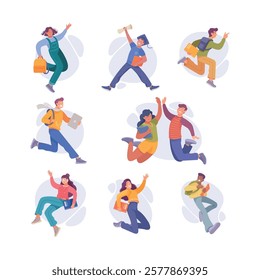 Rejoiced Man and Woman Student Character Jump with Joy Vector Illustration Set