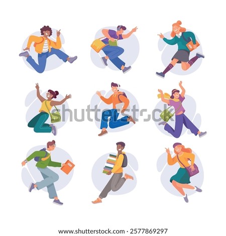 Rejoiced Man and Woman Student Character Jump with Joy Vector Illustration Set